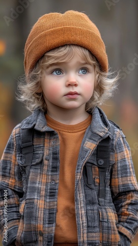 A young child in a stylish winter outfit poses in the woods during autumn with vibrant foliage