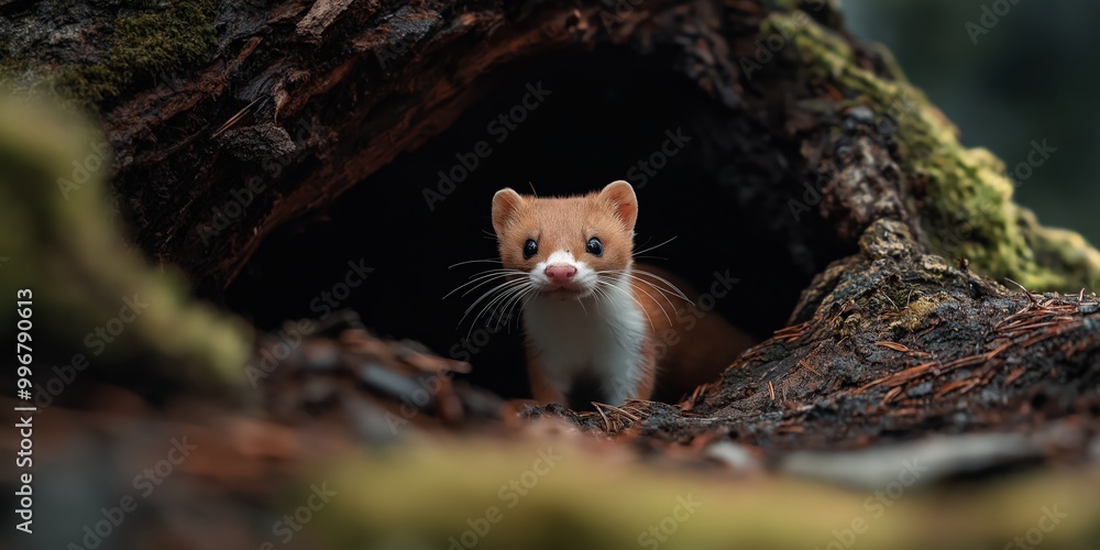 Obraz premium A close-up shot of a weasel emerging from its den