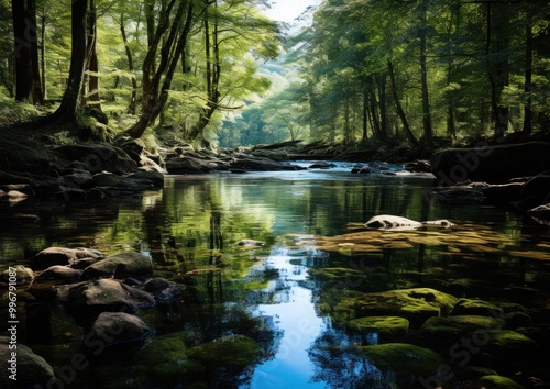 A tranquil river surrounded by vibrant greenery showcases a mirror-like reflection of trees