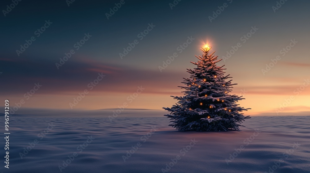A Sole Christmas Tree Illuminated by Dusk Light: Winter Wonderland with Twilight Clouds A Sole Christmas Tree Illuminated by Dusk Light: Winter Wonderland with Twilight Clouds