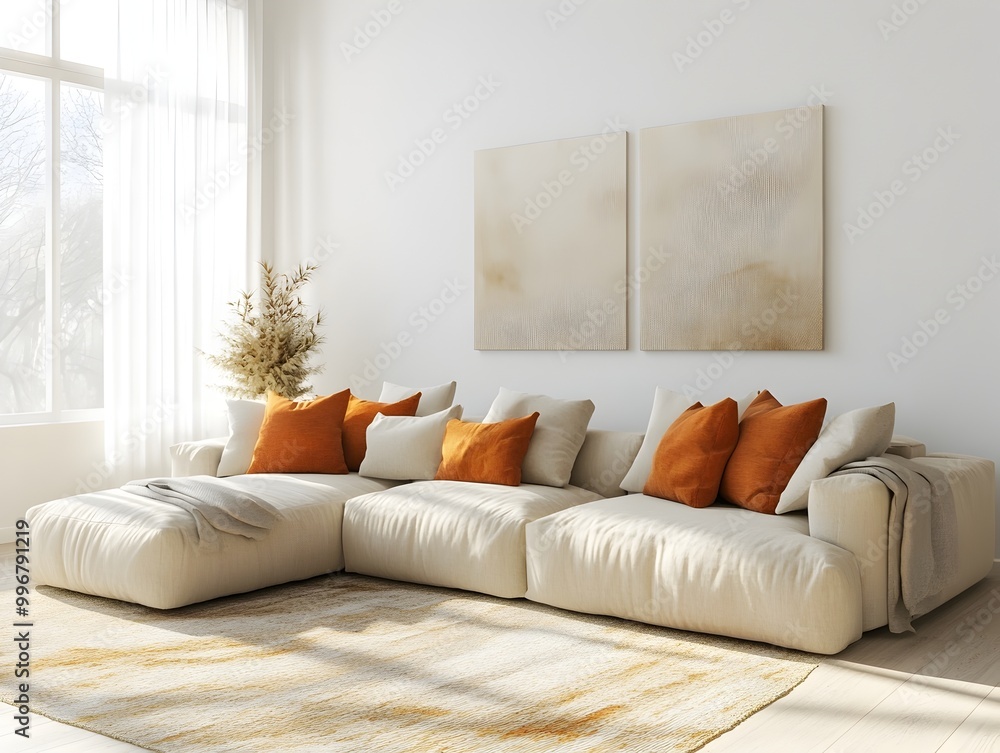Cozy and Inviting Modern Living Room with a Large Comfortable Sectional Sofa Stylish Minimalist Decor and Warm Natural Textiles Bringing a Soft Relaxing Atmosphere Cozy and Inviting Modern Living Room with a Large Comfortable Sectional Sofa Stylish Minimalist Decor and Warm Natural Textiles Bringing a Soft Relaxing Atmosphere