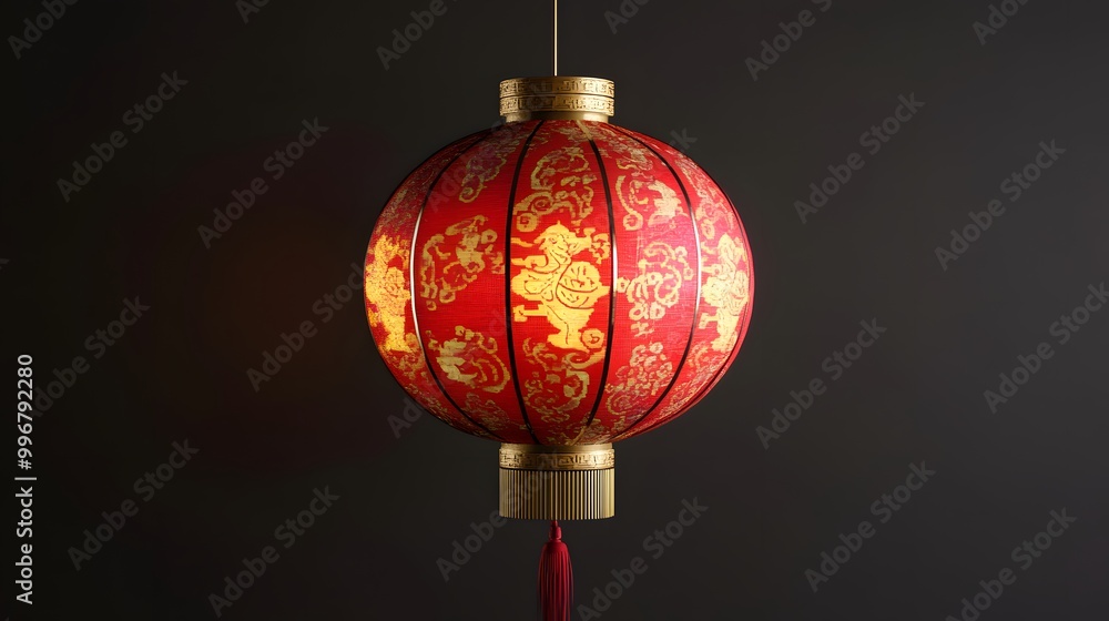 Hanging round Chinese lantern with red and gold traditional patterns and cartoon details Hanging round Chinese lantern with red and gold traditional patterns and cartoon details