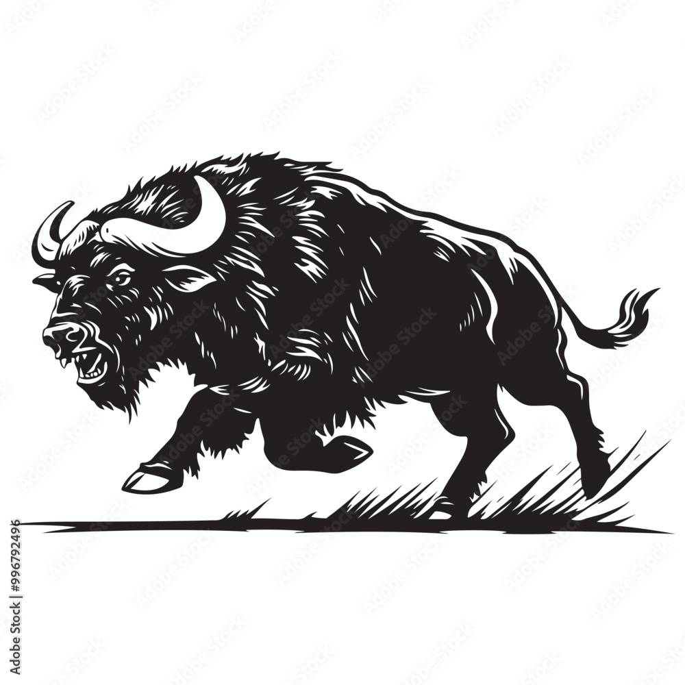 Obraz premium Mascot of running angry buffalo, Clean Black and white Vector silhouette of a Buffalo