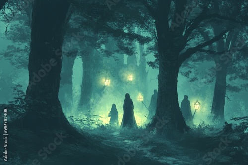 misty forest at dusk, shadowy figures of spirits and ancestors appearing among the trees. druid-like figure stands at the forefront, holding lantern that casts an ethereal light, guiding spirits