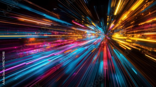 Bright, vibrant colors streak across the frame, creating a sense of motion and energy amid a high-tech backdrop during evening hours
