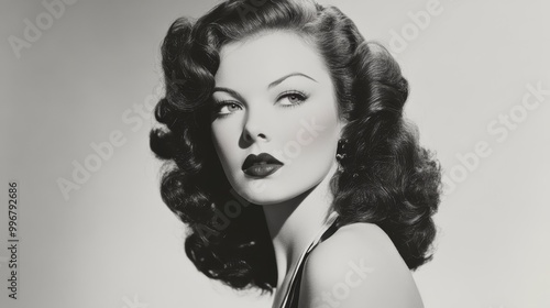 Classic black and white portrait of a glamorous woman with vintage curls and bold makeup, evoking the elegance of old Hollywood. photo