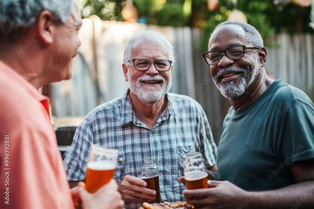 Guys night out - diverse senior men friends drinking beer at backyard summer or autumn barbecue party, smiling, having good time. Male friendship and bromance. Guys night out - diverse senior men friends drinking beer at backyard summer or autumn barbecue party, smiling, having good time. Male friendship and bromance.