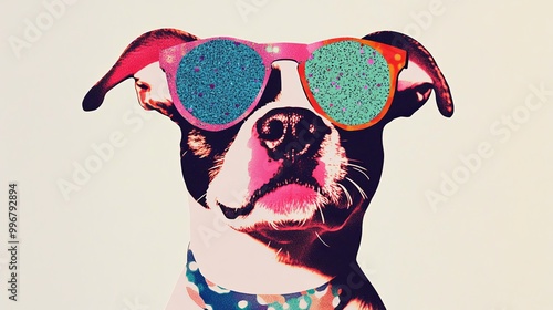 party dog collage  popart collage style bold shapes and colors with animal wearing sunglasses	