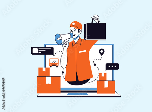 A delivery driver is excitedly promoting online shopping, represented by the megaphone and shopping elements around him.