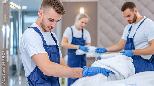 professional cleaners working as a team to deep-clean a luxury hotel suite, highlighting their attention to detail and teamwork