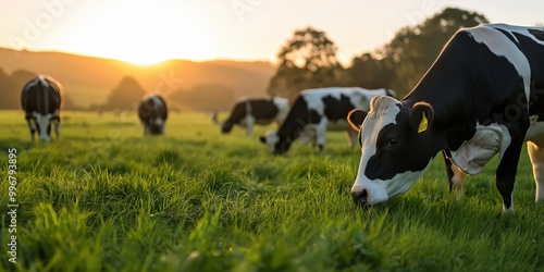 Holstein Friesian cows grazing on a lush, green pasture in the English countryside