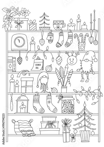 Coloring Pages of Christmas Shelves Filled With Christmas Gifts And Decorations