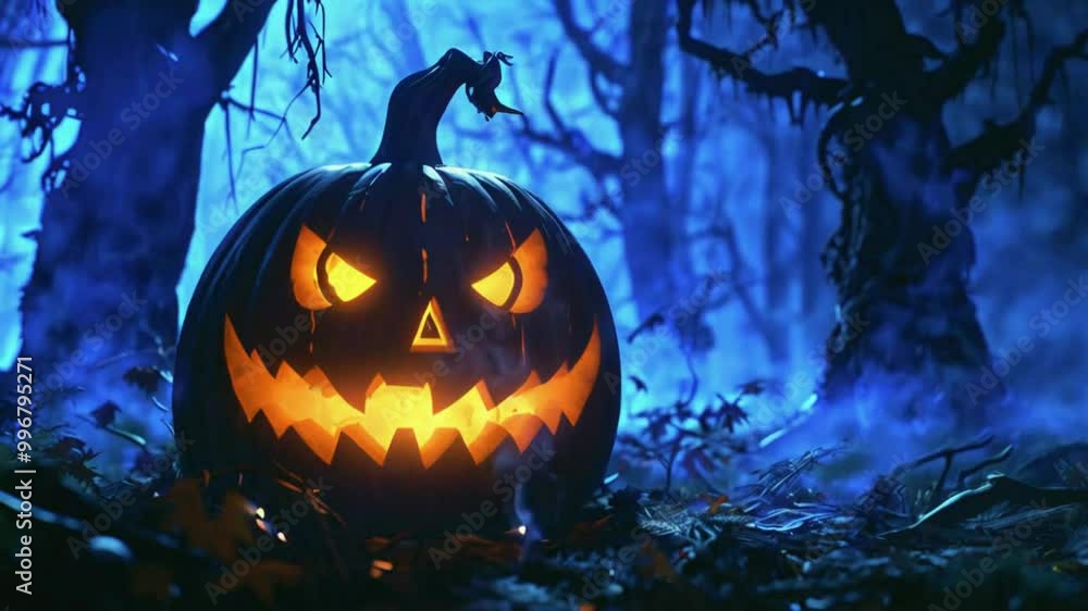 glowing jack-o'-lanterns misty pumpkin. faces change evil grins to terrifying expressions as dark smoke engulfs, bats flying overhead, 4k 2D Flat Japanese Anime-style Halloween Animation Video glowing jack-o'-lanterns misty pumpkin. faces change evil grins to terrifying expressions as dark smoke engulfs, bats flying overhead, 4k 2D Flat Japanese Anime-style Halloween Animation Video