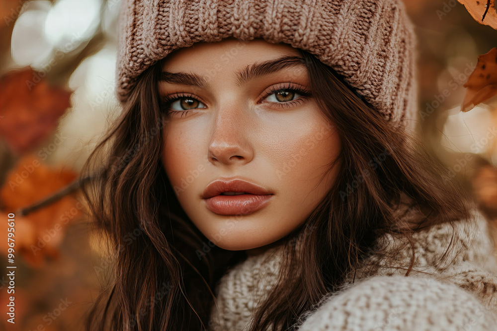 Captivating Autumn Portrait of a Beautiful Young Woman in Cozy Knitted Hat and Scarf, Vibrant Fall Leaves, Showcasing Natural Beauty, Seasonal Fashion, and Warm Earthy Tones in Outdoor Setting Captivating Autumn Portrait of a Beautiful Young Woman in Cozy Knitted Hat and Scarf, Vibrant Fall Leaves, Showcasing Natural Beauty, Seasonal Fashion, and Warm Earthy Tones in Outdoor Setting