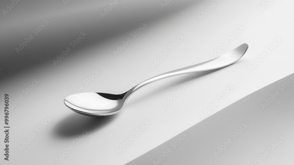 single silver spoon lying diagonally on a clean, white tabletop single silver spoon lying diagonally on a clean, white tabletop
