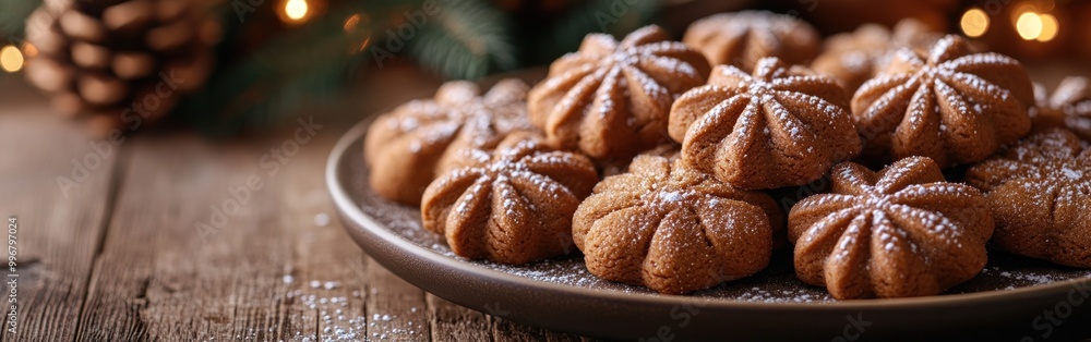 A festive plate of gingerbread cookies decorated with powdered sugar on a wooden table surrounded by holiday decorations A festive plate of gingerbread cookies decorated with powdered sugar on a wooden table surrounded by holiday decorations
