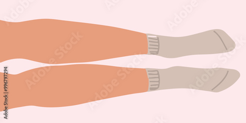 Flat vector illustration of legs lying on the floor in parallel. The lilac socks with elastic band are on the feets.