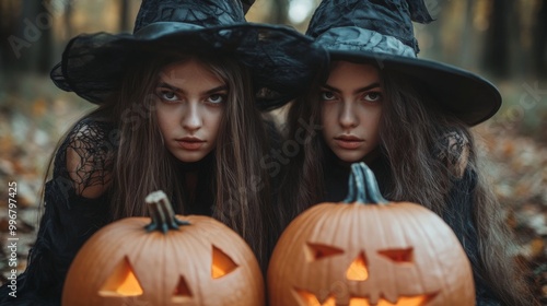 Halloween Witches and Pumpkins in Spooky Autumn Forest