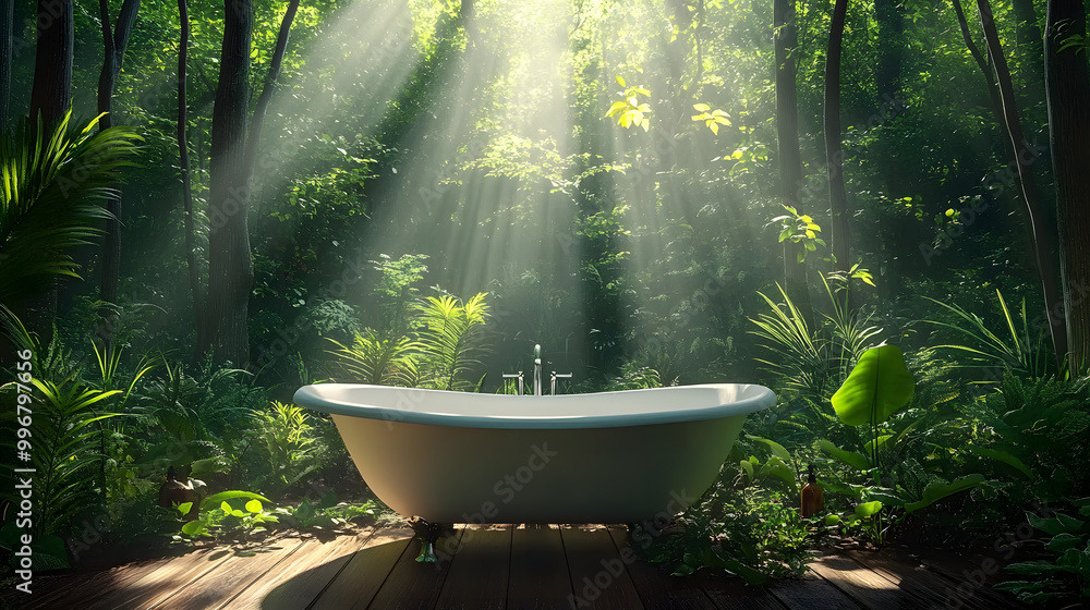 Luxury Forest. Beautiful Bathtub in a Green Forest Botanical Background Luxury Forest. Beautiful Bathtub in a Green Forest Botanical Background