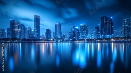 Wallpaper Mural The city skyline comes alive at night with bright blue lights shimmering on the water's surface, creating a serene and striking atmosphere Torontodigital.ca