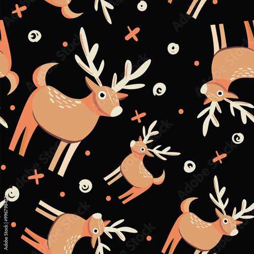 Print. Versatile Scandinavian animal pattern featuring dots and deers. Ideal for wallpapers, posters, fabric prints, or any project that needs a touch of Nordic whimsy. Hand-drawn vector illustration photo