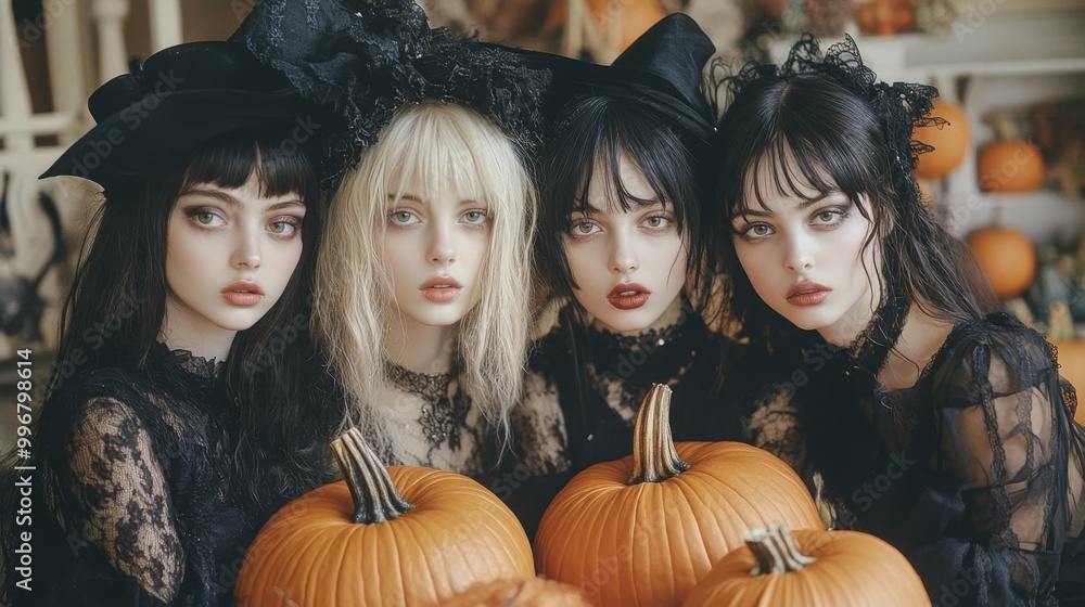 Halloween Witches and Pumpkins in Spooky Autumn Forest Halloween Witches and Pumpkins in Spooky Autumn Forest