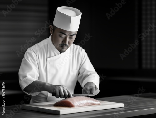 Cutting tuna fillet by sushi chef, dramatic black and white photography, idea for advertising popularization of traditional Japanese dishes and cuisine photo