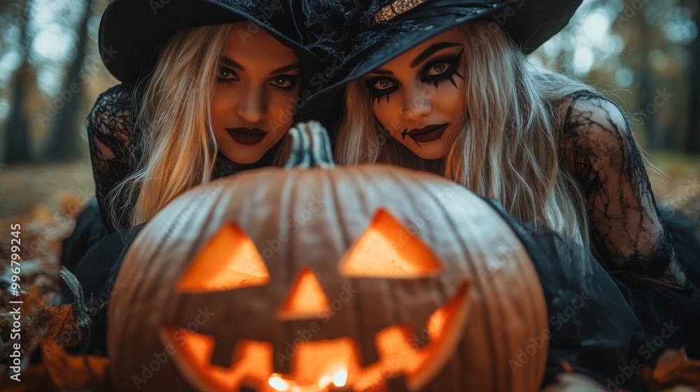 Halloween Witches and Pumpkins in Spooky Autumn Forest Halloween Witches and Pumpkins in Spooky Autumn Forest
