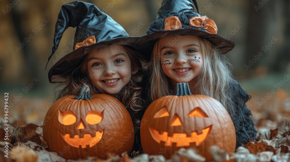 Halloween Witches and Pumpkins in Spooky Autumn Forest Halloween Witches and Pumpkins in Spooky Autumn Forest