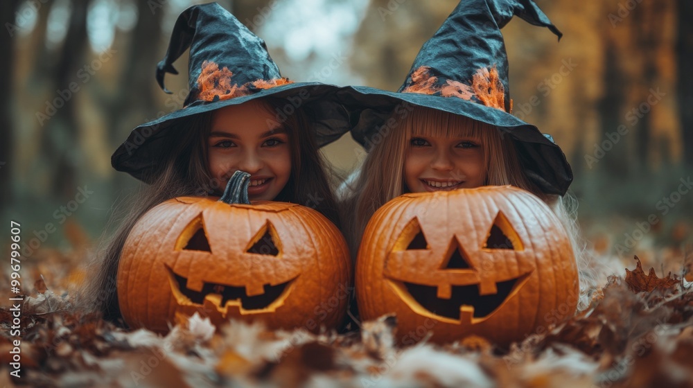 Halloween Witches and Pumpkins in Spooky Autumn Forest