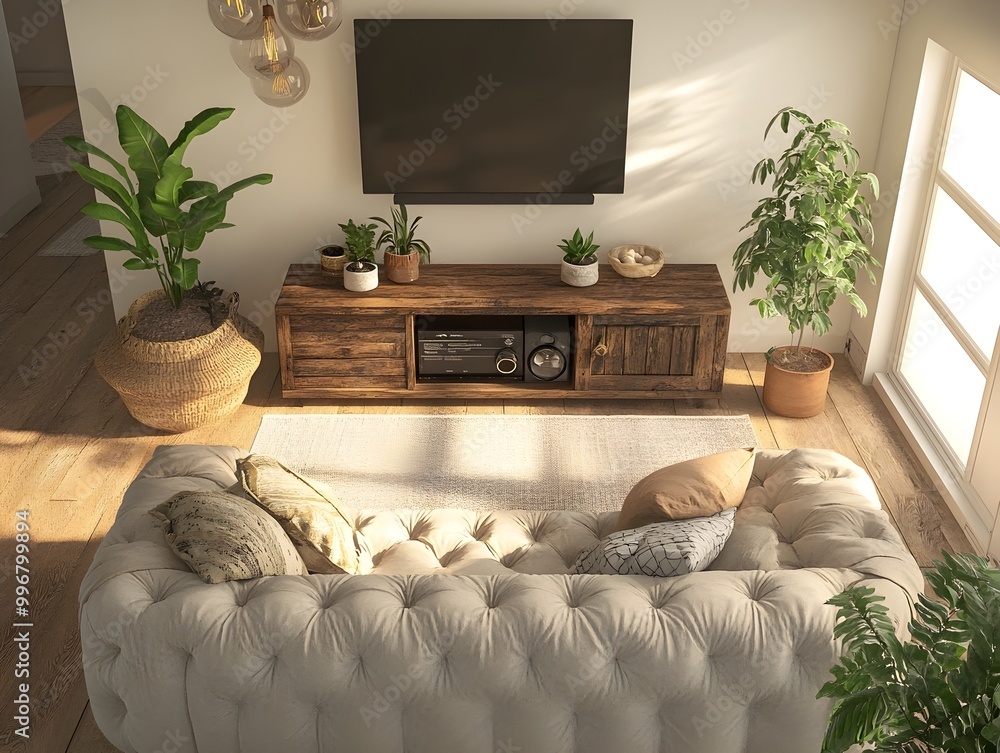 Image showcasing Cozy and inviting modern living room with deep tufted loveseat rustic ...