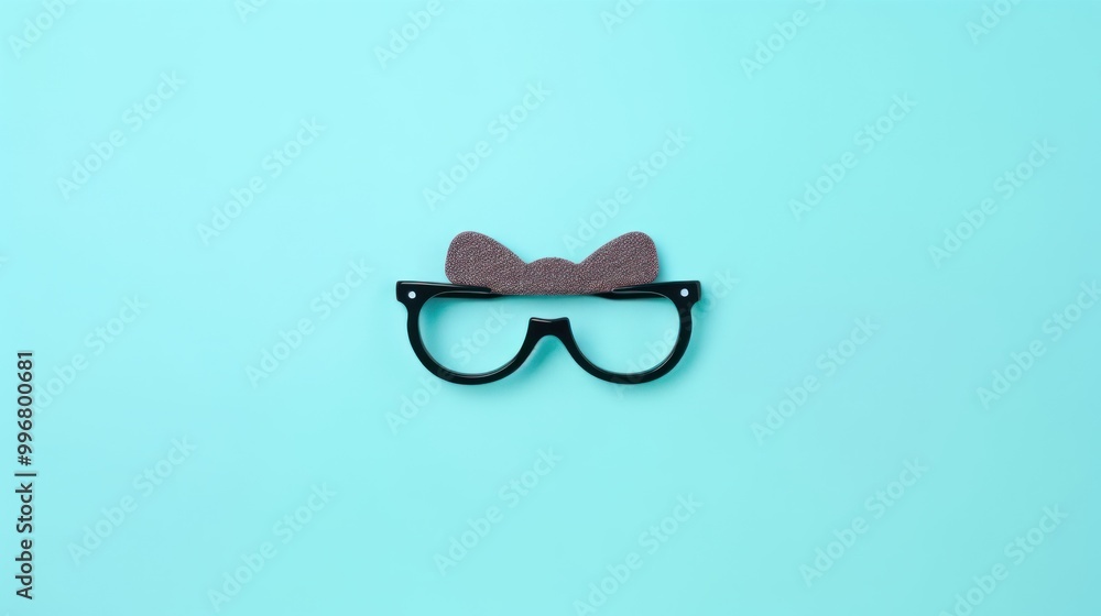 Black Eyeglasses With A Bow On Top On A Blue Background Black Eyeglasses With A Bow On Top On A Blue Background