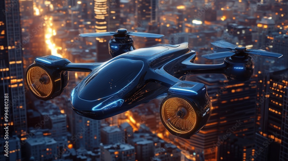 A futuristic drone hovers over a city at dusk. A futuristic drone hovers over a city at dusk.