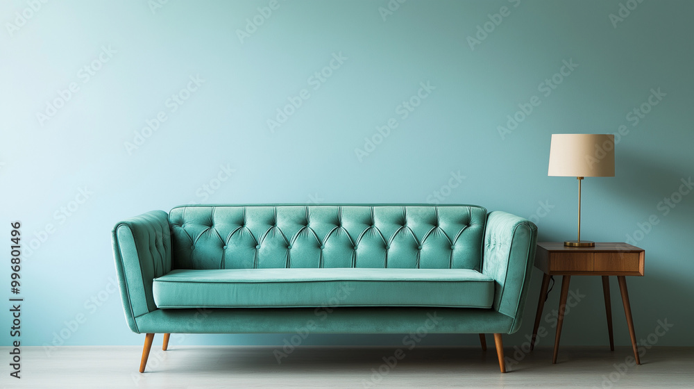 A green sofa by side tables green background. AI generation A green sofa by side tables green background. AI generation