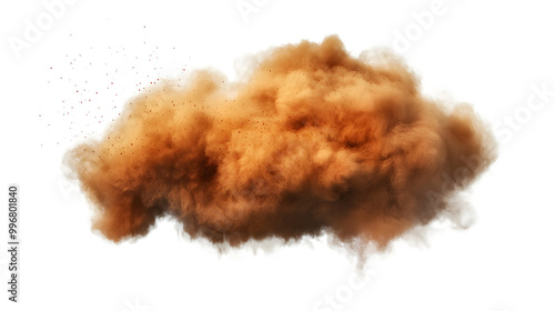 A dynamic image of golden and red sand scattered in the air, creating a cloud-like effect on a white background. isolate on white background 