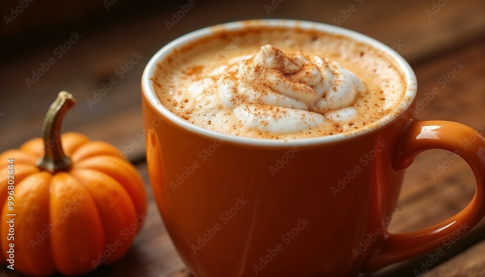 Pumpkin spice latte in orange mug with whipped cream and cinnamon beside small pumpkin, cozy setting, copy space