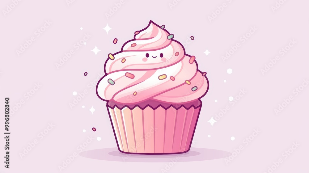 Cute Pink Cupcake with Sprinkles and Smiling Face Cute Pink Cupcake with Sprinkles and Smiling Face