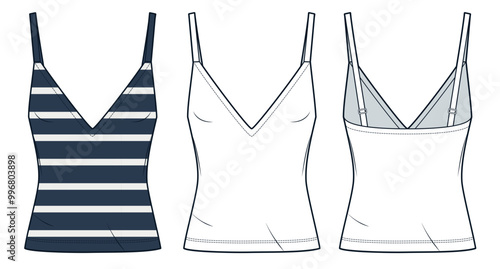 Strap Top technical fashion illustration, striped design. Slim Fit Top fashion flat technical drawing template, v neck, front and back view, white, blue, women, men, unisex CAD mockup set.