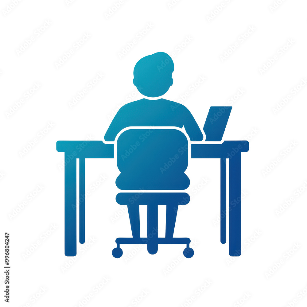 A blue silhouette of a person working at a desk with a laptop, illustrating modern workspace and remote work concepts, transparent background. A blue silhouette of a person working at a desk with a laptop, illustrating modern workspace and remote work concepts, transparent background.