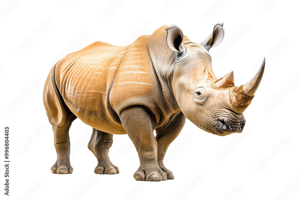 Fototapeta premium A beautifully rendered rhinoceros standing majestically, showcasing its distinct features and textured skin in a stunning pose, transparent background.