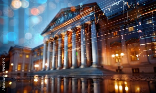 Wallpaper Mural 3D Bank Building with Glowing Financial Charts: A Modern Financial Hub Torontodigital.ca