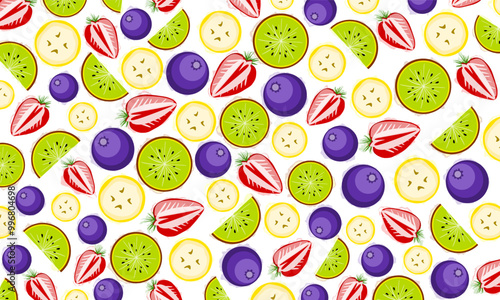 Juicy fruit background. Fresh fruits vector illustration. banana, Blueberry, kiwi, strawberry.
