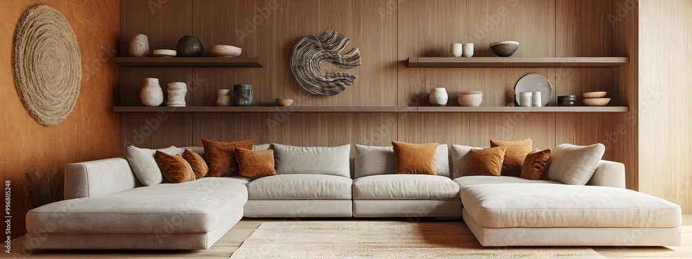 Fototapeta premium Cozy and Inviting Modern Living Room with Large Comfortable Sectional Sofa Minimalist Stylish Decor Warm Wood Tones Plush Velvet Cushions