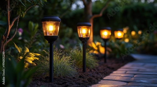 A row of solar powered pathway lights illuminate a walkway in a garden at dusk.