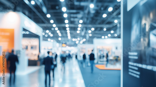 Blurred background of a business exhibition with exhibit booths at a convention center with people walking around looking at exhibits with orange signage.