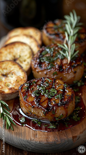 Wallpaper Mural Foie gras with caramelized pear and red wine sauce served on a rustic wooden board, accompanied by a side of toasted baguette slices and a sprig of fresh rosemary Torontodigital.ca
