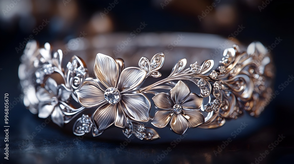 Obraz premium Exquisite white gold floral bracelet with lush interwoven flower and vine motif ornate filigree and granulation detailing dazzling gemstone accents masterfully crafted by a skilled artisan