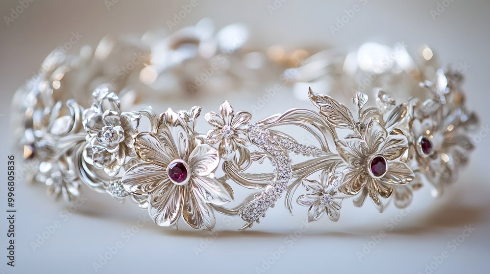 Exquisite white gold floral bracelet with lush interwoven flower and vine motifs ornate filigree and granulation detailing dazzling gemstone accents Exquisite white gold floral bracelet with lush interwoven flower and vine motifs ornate filigree and granulation detailing dazzling gemstone accents