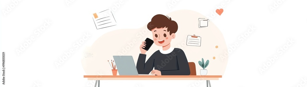A cartoon person working on a laptop while talking on the phone, surrounded by notes and a plant. Business or remote work illustration. A cartoon person working on a laptop while talking on the phone, surrounded by notes and a plant. Business or remote work illustration.