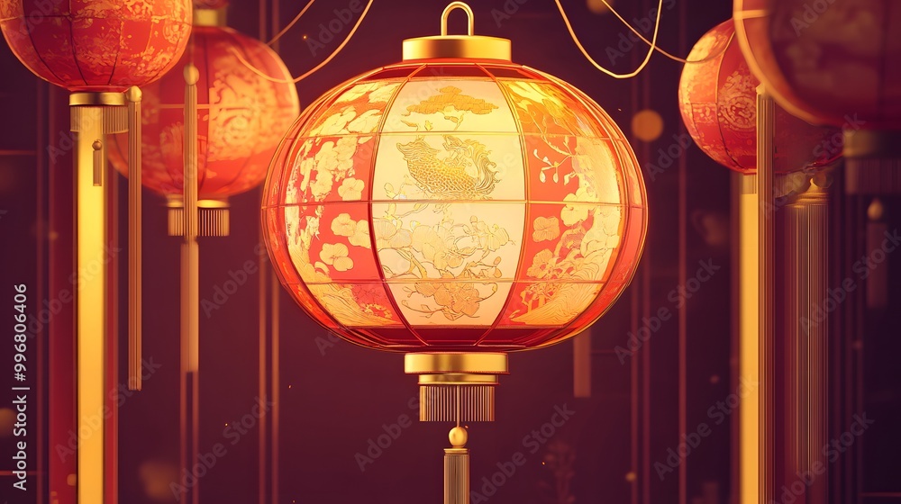 Square Chinese lantern with gold detailing and traditional patterns in cartoon style Square Chinese lantern with gold detailing and traditional patterns in cartoon style